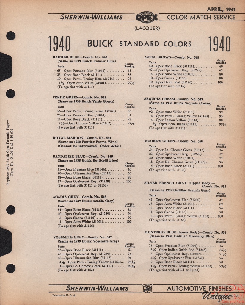 1940 Buick Paint Charts Williams 2